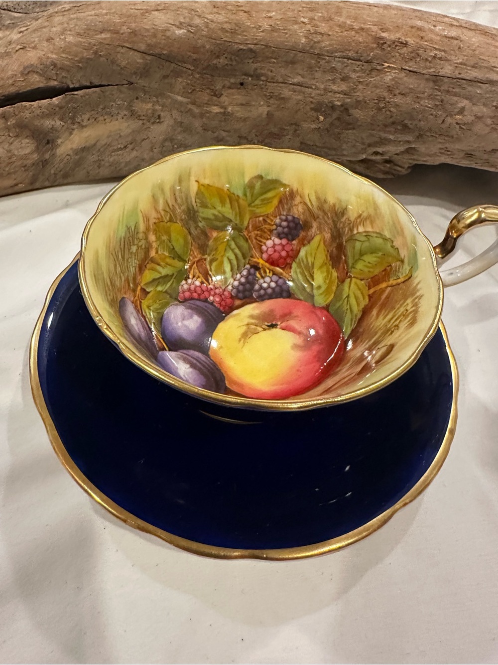 Aynsley Orchard Fruit Teacup and Saucer - Cobalt Blue & Gold Trim